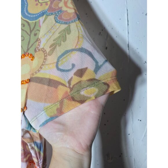 Womens Sequin Embellished Floral Mesh Top Size Medium Y2K Fairy Groovy Art Sheer - Picture 6 of 11